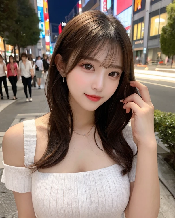 Tabletop, highest quality, figure, Super detailed, In detail, High resolution, 8k wallpaper, Perfect dynamic composition, Beautiful fine details, white cuty dress, Medium brown Hair, Center of chest, Natural color lip, Random sexy poses, smile, Aoyama Street Walk, random body orientation,
