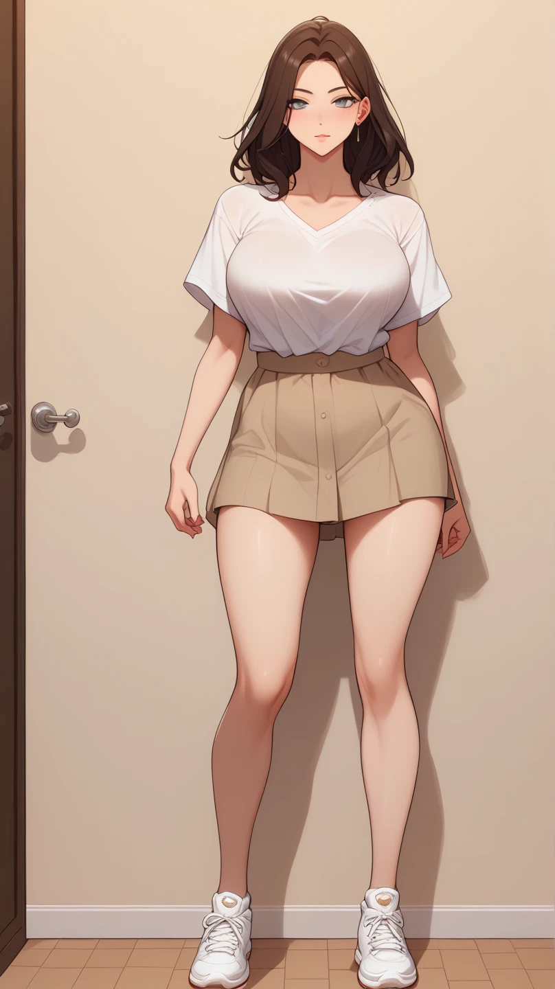 anime image of a woman with glasses in standing position, female anime character, anime visual of a young woman, as an anime character, blonde hair, headband, gray shirt, bare legs, gray skirt, black belt, black high heels, professor, off-the-shoulder white lab coats style