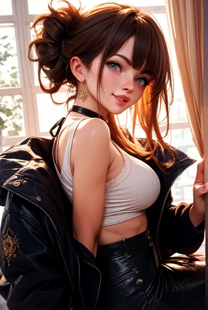 best quality, masterpiece, ultra high resolution, (photorealistic: 1.4), raw photo, 1beautiful woman,light brown hair,perfect face,perfect hand,sensual smile,light eyes,jeans shorts,crossed legs, closeup, no coffeeshop, deep shadow, dark theme, sitting, long hair, leather jacket