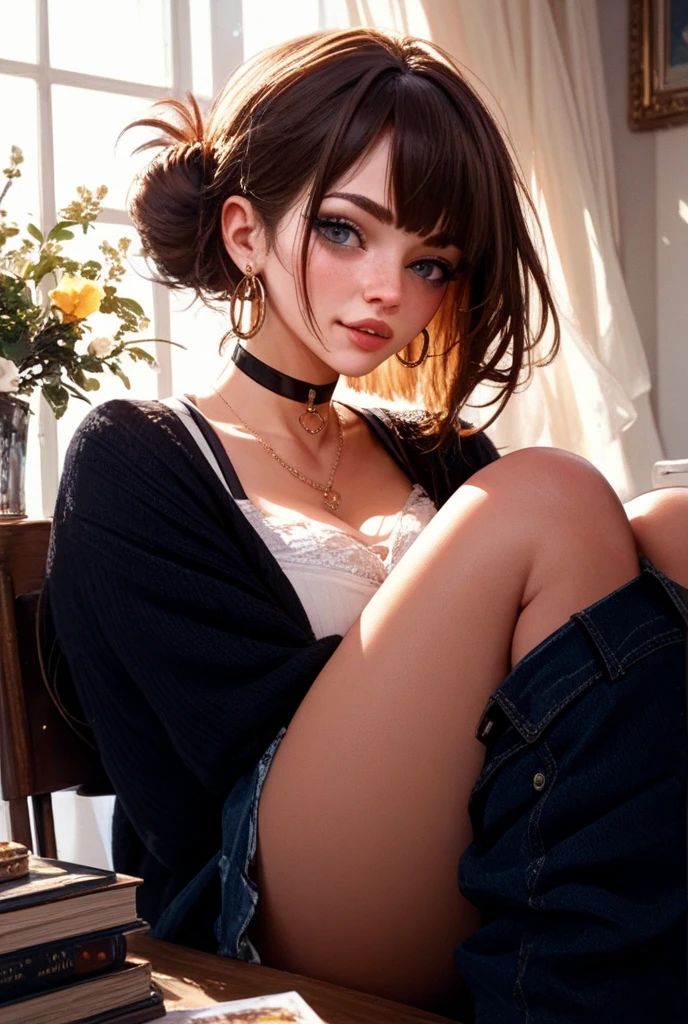 full body shot of (woman Sitting on a stool, wearing ripped jeans and a cropped sweater small smiling), (detailed realistic face), (((hyperdetailed))), zoomed out, symmetrical face, detailed pupil, expressive eyes, Casey Baugh, Michael Garmash, Sophie Anderson, hasui kawase, makeup, real photography, modern look, Real photography (Realisitc:1.5)