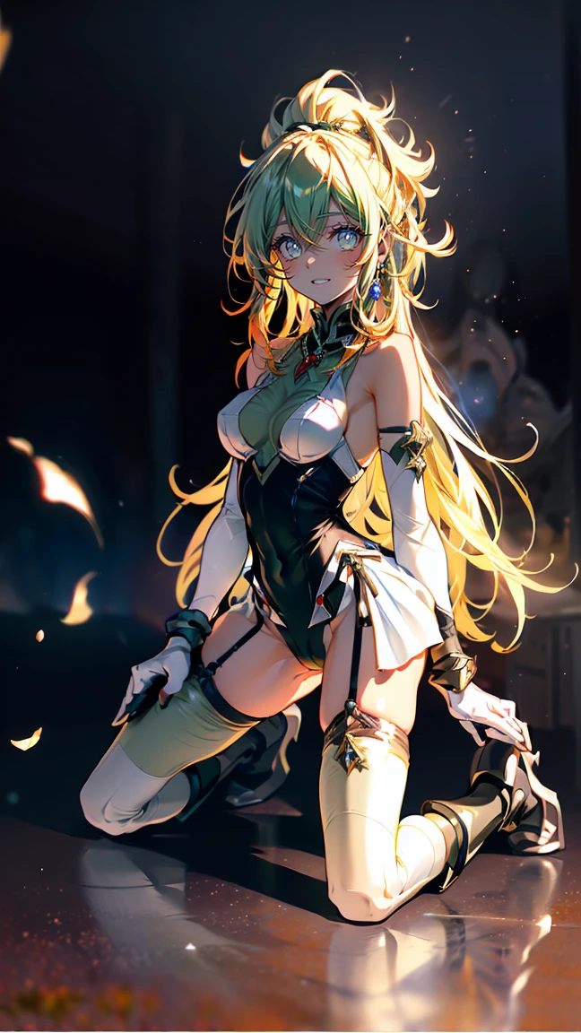 Flat chest, loli, sun rays, blonde hair, big green eyes, low ponytail, parted bangs, (sweaty skin:1.2), grand hall, light particles, illustration, elegant clothes, absurd detail, HDR, huge ass, wide hips, full body, long hair, dark skin