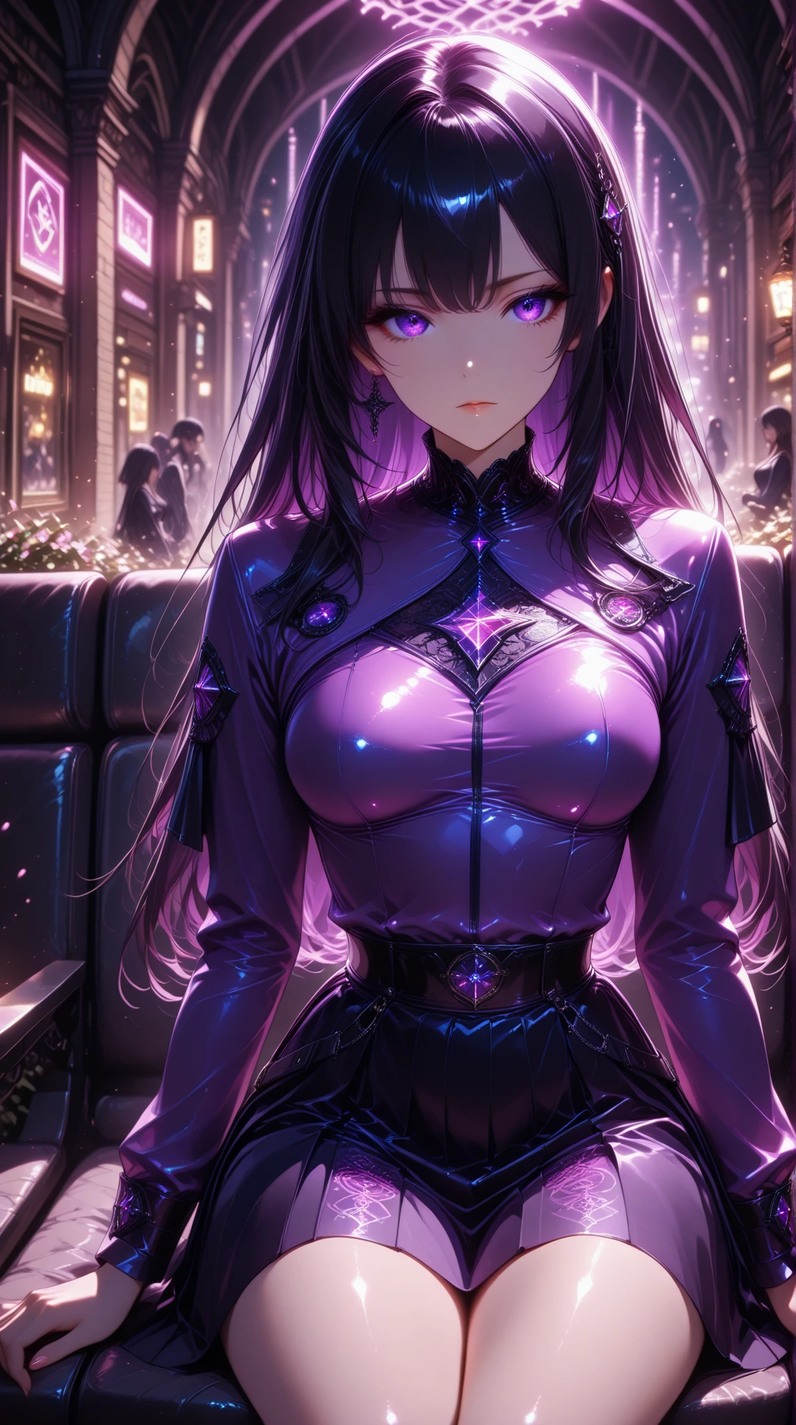 my_hero_academia, {female, long_straight_hair, purple_black_hair, purple_eyes, large_breast, looking_up, gothic, latex,}, seductive_pose, living_room_setting, windows_overlooking_night_sky, computer_desk,