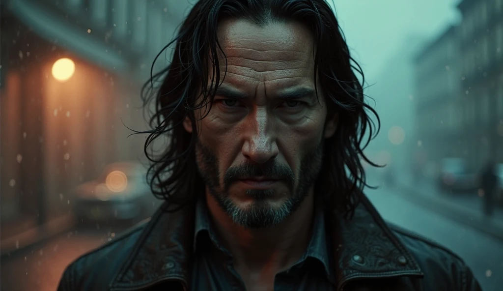 KEANU REEVES, on street, under the rain, detailed eyes, (highly detailed skin:1.2), pores on face, (realistic lighting:1.1), (realistic shadows:1.1), ((best quality)), (detailed), 8k uhd,