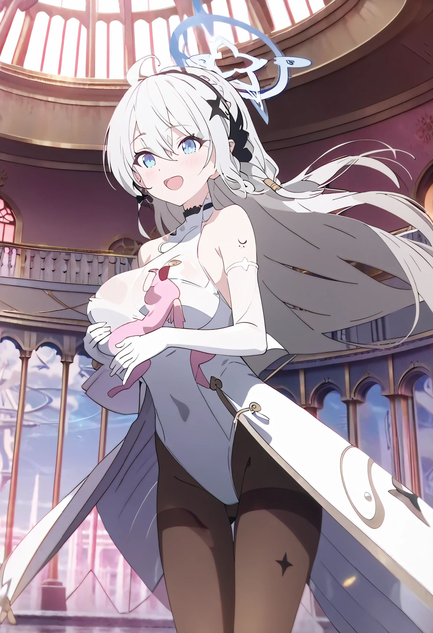{{{masterpiece}}}, {{{best quality}}}, {{ultra-detailed}}, {beautiful, detailed eyes}, 1girl, solo, ((white hair)), very long hair, blue eyes, (straight hair), (bangs), animal ears, (stoat ears:1.2), Choker, ahoge, fang, (big stoat Tail:1.2), (blue X hairpin), (cute maid outfit), shocked, aesthetic,Eyes