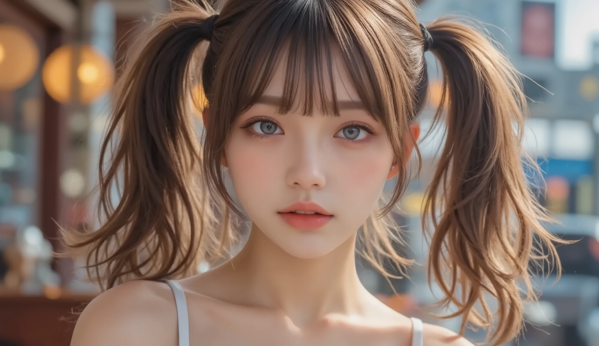 ,(((big )))、(((top quality)))、(((high resolution)))、8k、16 kg、32K、girl 1 person、 beautiful 、(medium hair)、 (upper body:1.oft lighting、Tourist、Shiny Skin、Blue Eyes、sight、false eyelashes、light brown hair、beautiful earrings、tight abs、