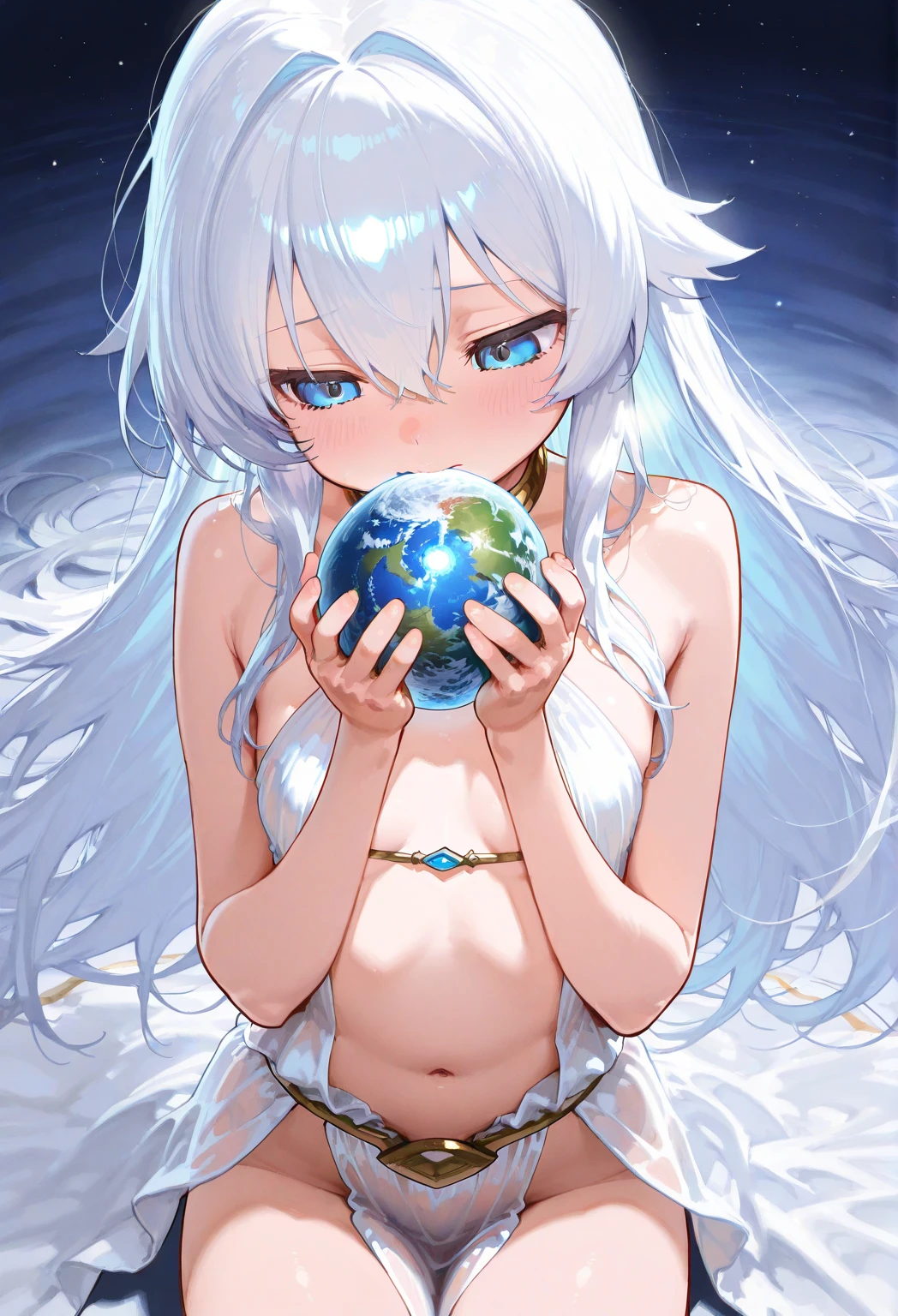 (((Highest quality, 8k, masterpiece: 1.3)), One woman, goddess, Wearing a thin cloth, universe space, Embracing the Earth:1.2