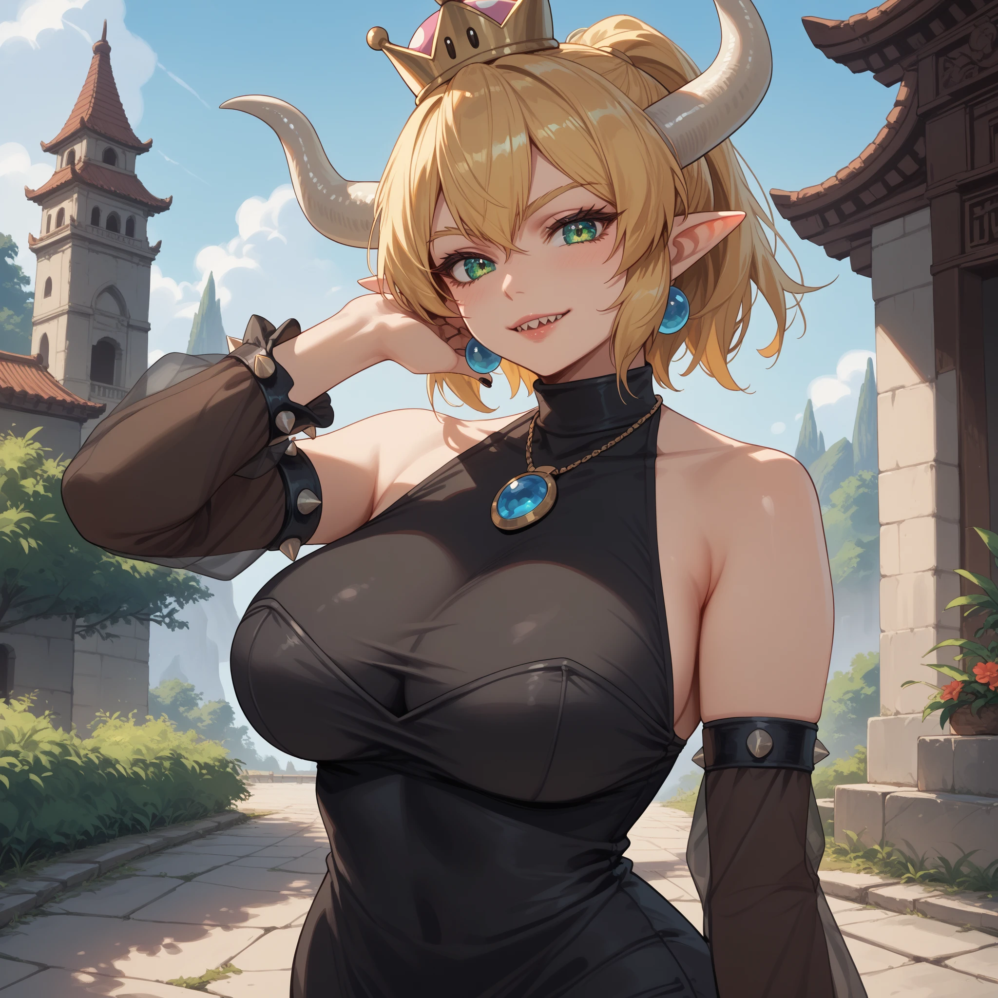 score_9, score_8_up, score_7_up, score_6_up, BREAK bowsette,large breasts,skindentation,sitting on throne,from below,holding beverage,curvy,crossed legs,smirk
