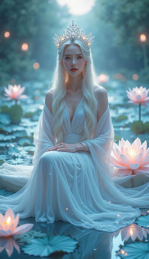Woman with long white hair resembling a praying mantis in a lotus garden