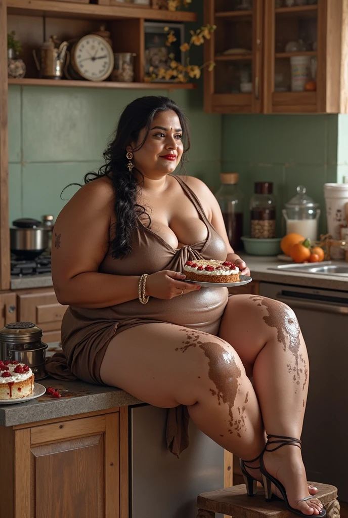 Salma Hayek, masterpiece quality, (masterpiece quality:1.3), lots of detail, realistic, 1girl, solo, alone, in a fancy kitchen, lots of bread in background, long hair, wearing choker collar, wearing black lace bra, lots of cleavage, wearing black panties, wearing fishnet stockings, sexy pose, small breasts, (small breasts:1.3), chubby belly, (chubby belly:1.2),