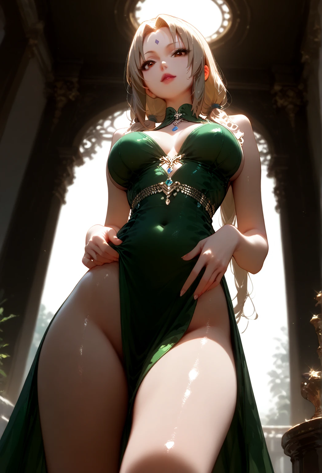Mature elven woman, flawless pale skin, pointy ears, vibrant green eyes, makeup, jewelry, crown, elven queen, royalty, flowing robes, plump lips, beautiful face, detailed (Ultra Quality, Masterpiece, Ethereal:1.4), seductive and inviting smile, only one belly button, thicc curves voluptuous