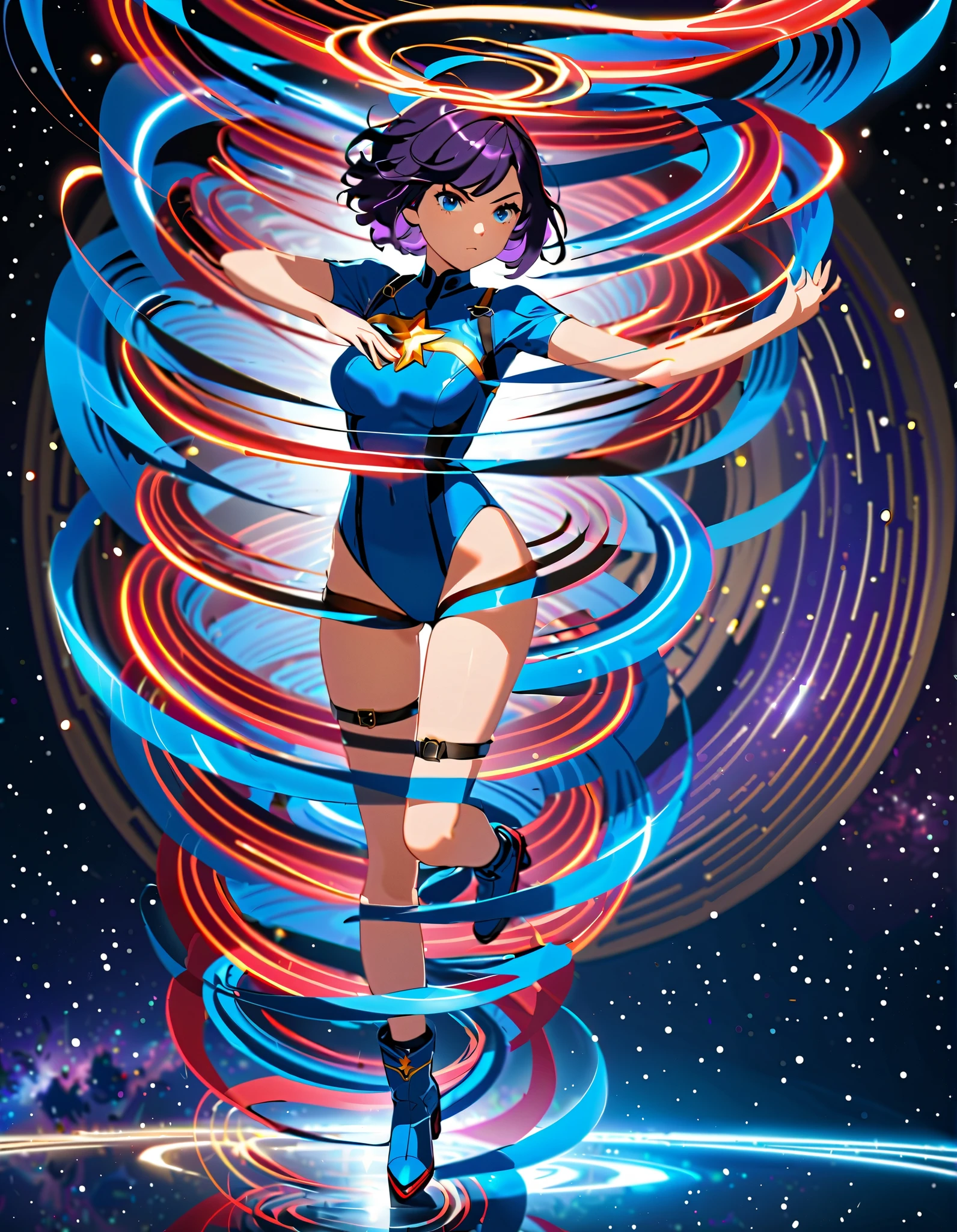 best quality, masterpiece, photographic reality, realistic, very detailed illustrations, beautiful eyes, perfect detail, best lighting, super complex details, ultra-detailed, Dynamic colors, Striking contrast, electric energy, beautiful asian woman, blue eyes, bright blue hair, messy bun hair, freckles, pale skin, big breasts, big smile, ((wearing transparent dress)), in spaceship, big landscape, ((halfbody)), (((synthwave))), showing ass