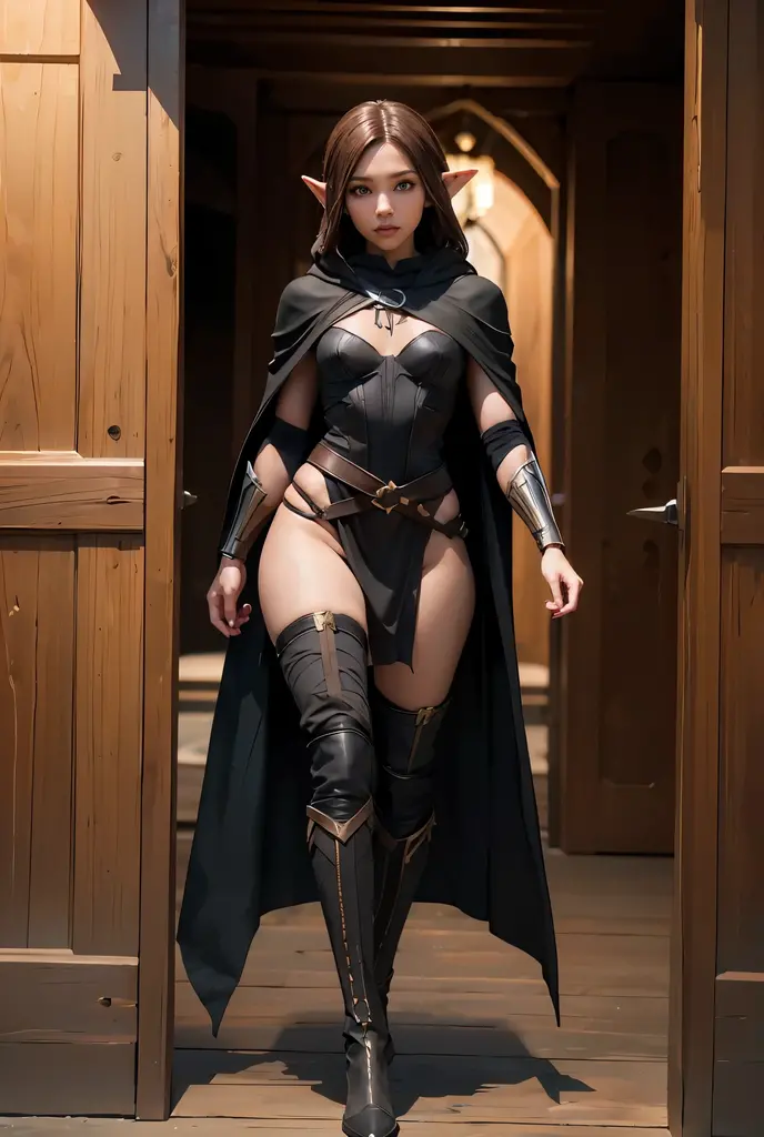 Sexy woman, Assassin's robes, hood down, hair in a neat braided bun, comforting smile, medium chest, widest hips, leather gloves and boots