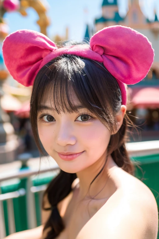 Tokyo Disney City〜, highest quality, realistic, Super detailed, finely, High resolution, (8K), 1 beautiful woman,, light brown messy hair, She is wearing a punk t-shirt and bikini.), sharp focus, perfect dynamic composition, beautiful and detailed eyes, thin hair, Detailed realistic skin texture, smile, , model body、(Full body to toes:1.4)、((Mickey's Ears))、(cloud level shot)、(side standing、looking forward to it)、(白い歯を見せるsmile)、(side shot)、(Mickey Mouse)、(Minnie Mouse)、(with)、