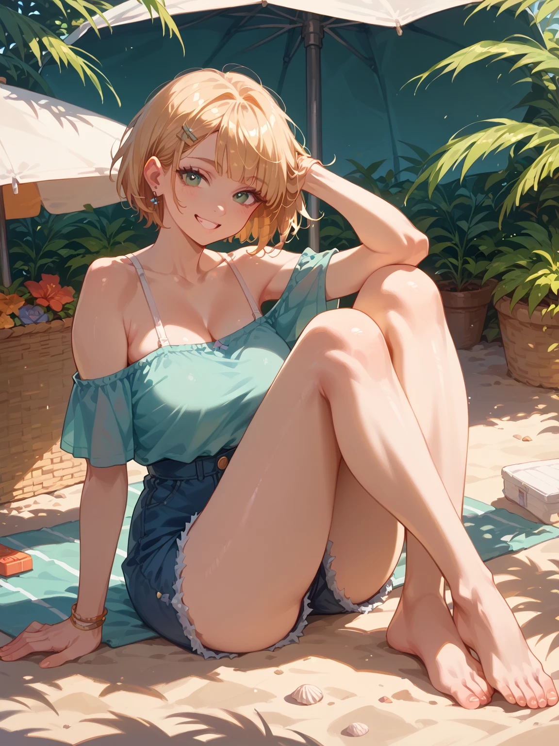 (masterpiece:1.3, Highest quality, Ultra-high resolution, Super detailed), (Realistic:1.1, photoRealistic:1.4), Beautiful illustrations, Perfect lighting, colorful, Depth of written boundary,
Beautiful detailed hair, Beautifully detailed face, Beautiful attention to detail, Beautiful clavicle, Beautiful body, Beautiful breasts, Beautiful thighs, Beautiful feet, Beautiful fingers,
View your viewers, 1 girl, Japanese, high school girl, Perfect Face, (Perfect Anatomy, Anatomically correct), Cute and symmetrical face, Baby Face, Sunburn, Glowing Skin,
(short hair:1.5, Bobcut:1.2, Ash Blonde Hair), Hair between the eyes, blue eyes, Long eyelashes, (Medium chest), thin,
(Short-sleeved off-shoulder yellow-green sweater, Black tank top, Denim shorts rolled up),
(Beautiful views), evening, (Outdoor, distant cityscape), Are standing, Place your hand on your chest, (Cute smile, Upward glance, Open your mouth), ((open legs:1.8)),spread legs:1.5,Squatting pose、attractive way to sit、((I was made to sit with my legs apart...)),Stick out your crotch、Cowgirl