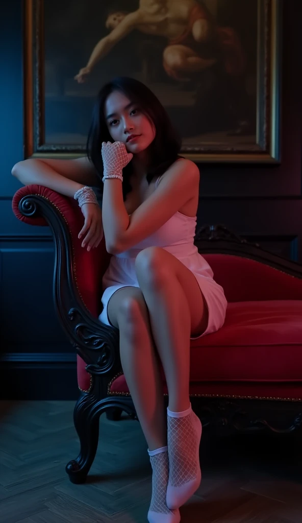 masterpiece of a 37 year old indonesian woman,wearing an white drees, wearing short, wearing heels, sitting elegantly in a chair like a model, elegant pose, faint smile, very detailed, black background, photoshot, photography, realistic, full body frame, full frame, High Resolution, Best Quality