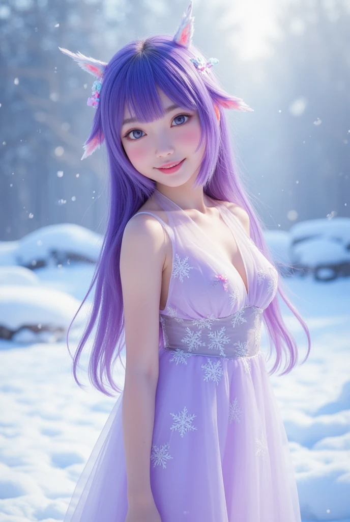 (10 years old) ,girl、(Bunny ears headband)。(Random Nudes),Exhibitionism,((Random exposure of genitals))。 Beautiful areola。Small breasts. Thin Hair。(On top of a snowy mountain). Detailed and complex background。((Bright light purple hair))。(Round face). ((Big twin tail hair)). Cute smile. Idol's face. Smooth Hair. Thin Hair. White skin. Cute pose with legs apart. Full body photo