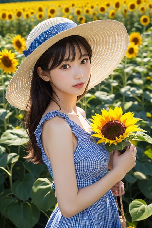 A beautiful woman in a flowing summer dress, standing in a field of sunflowers under a bright blue sky. She has long, wavy hair and a radiant smile, basking in the sunlight