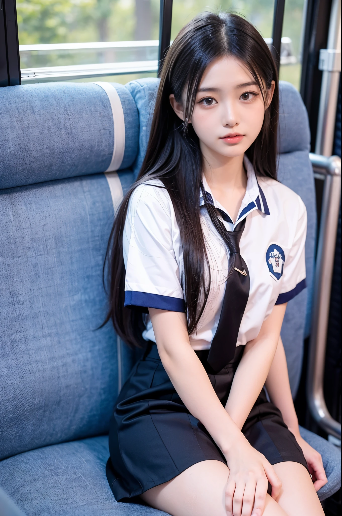 A girl (18 years old, Japanese pretty face) is wearing high school uniform with mini skirt and sitting on the seat in Bus.