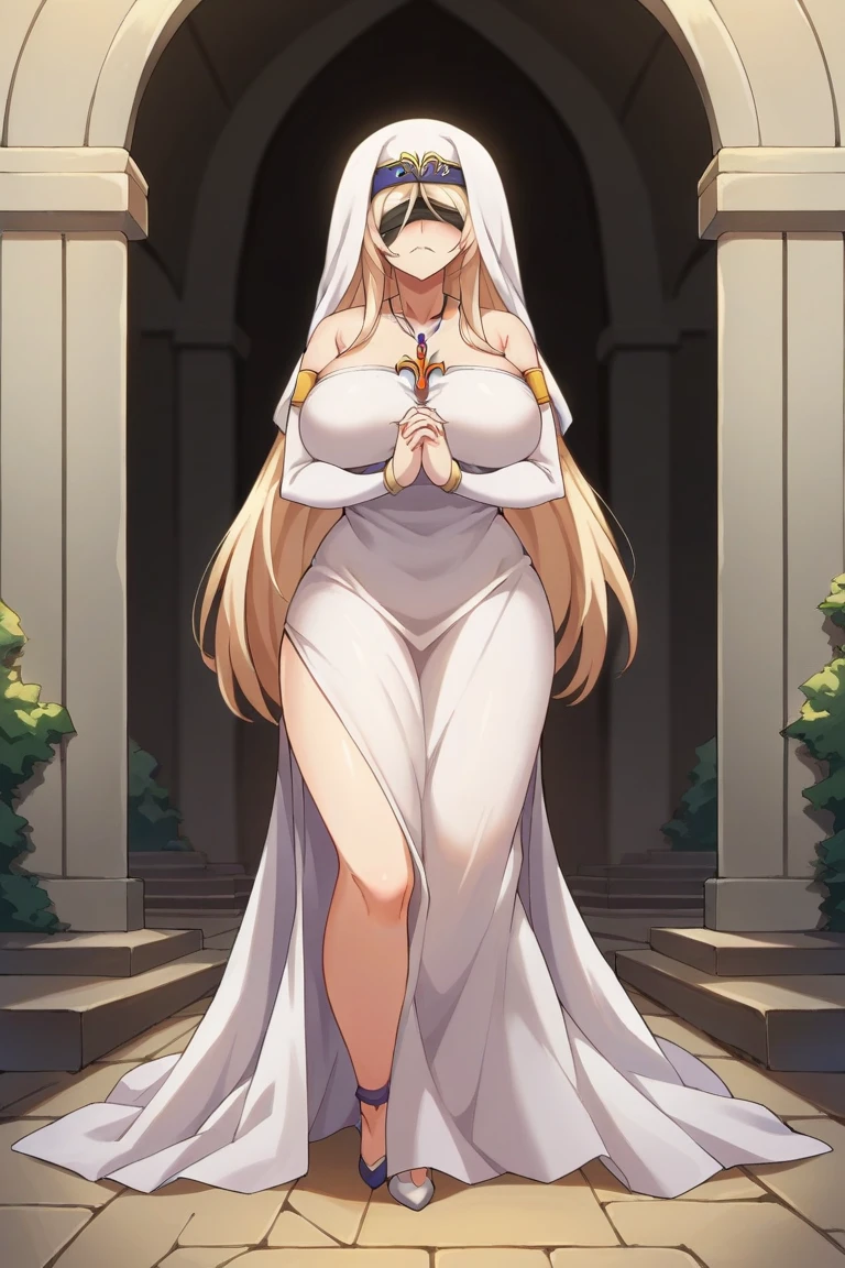 swordmaiden, sword maiden, long hair, bangs, blonde hair, blindfold, (covered eyes:1.2), black blindfold, (large breasts:1.2), pout, pouting, puffy cheeks,
BREAK dress, jewelry, necklace, (white dress:1.5), bare shoulders, collarbone,
BREAK outdoors, forest, nature, sun, sky, clouds, blue sky,
BREAK looking at viewer, (cowboy shot:1.5),
BREAK (masterpiece:1.2), best quality, high resolution, unity 8k wallpaper, (illustration:0.8), (beautiful detailed eyes:1.6), extremely detailed face, perfect lighting, extremely detailed CG, (perfect hands, perfect anatomy),
