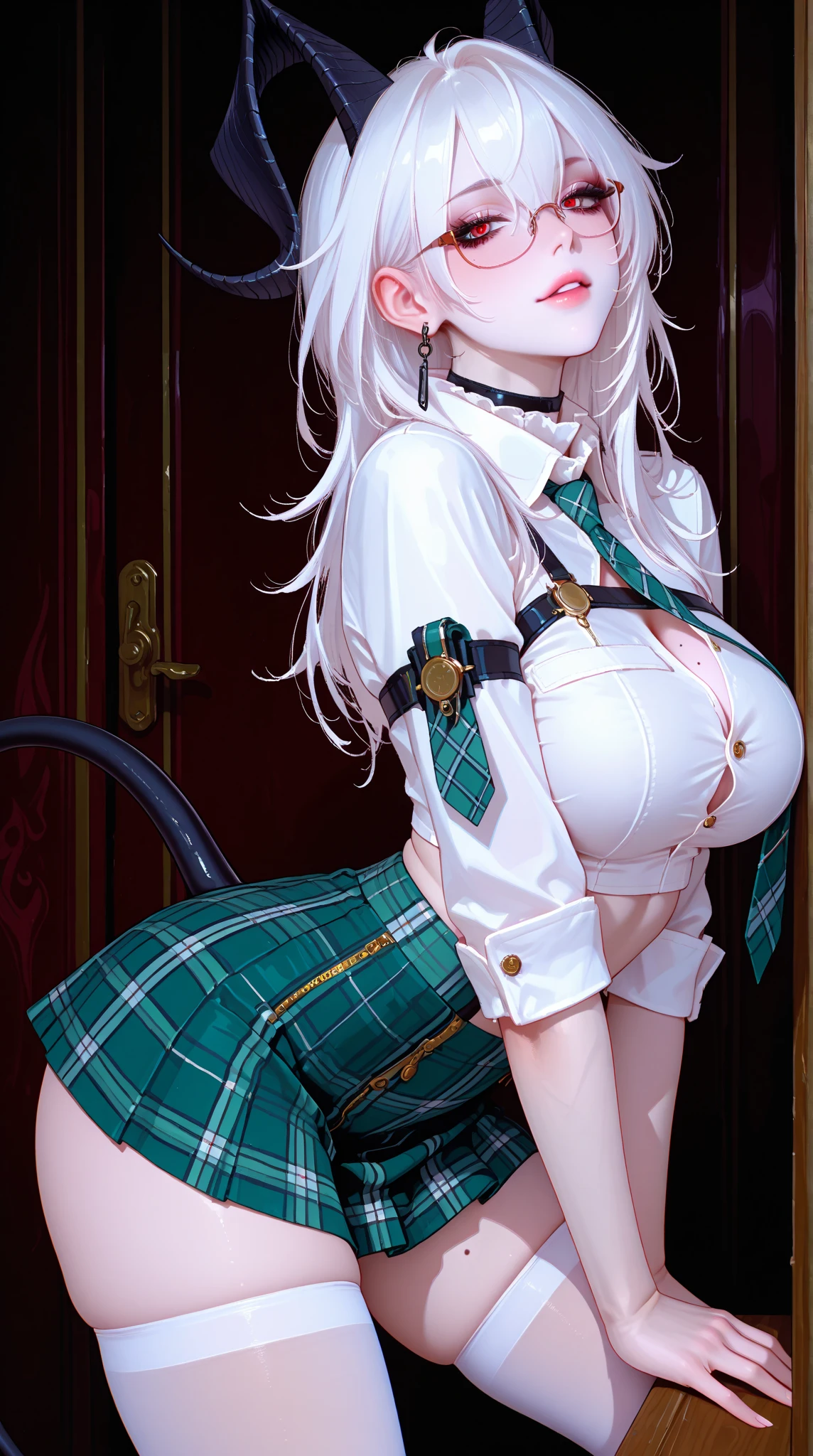 High school girl with silver hair ponytail、Green plaid skirt、white blouse and green tie、white stockings、White garter belt、5-Fingers、Ecstatic look、red blush、no panties,no bra,pussy juice,pussy,vagina、(touch the clitoris)、(pussy juice)、a bed、(Open your crotch)、fullnude