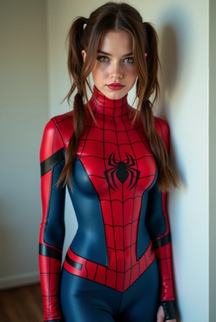 A 19 year old girl in a Spiderman suit with long hair