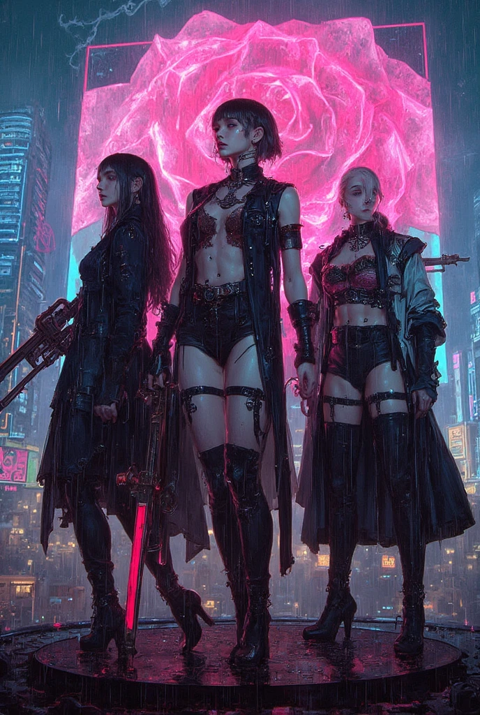 uma sexy busty gangue de meninas andando em um tunel, only green neon lights, imagem estilo cyberpunk, roupas cyberpunk, Neonoir, ambiente ultra escuro, only minimal green neon