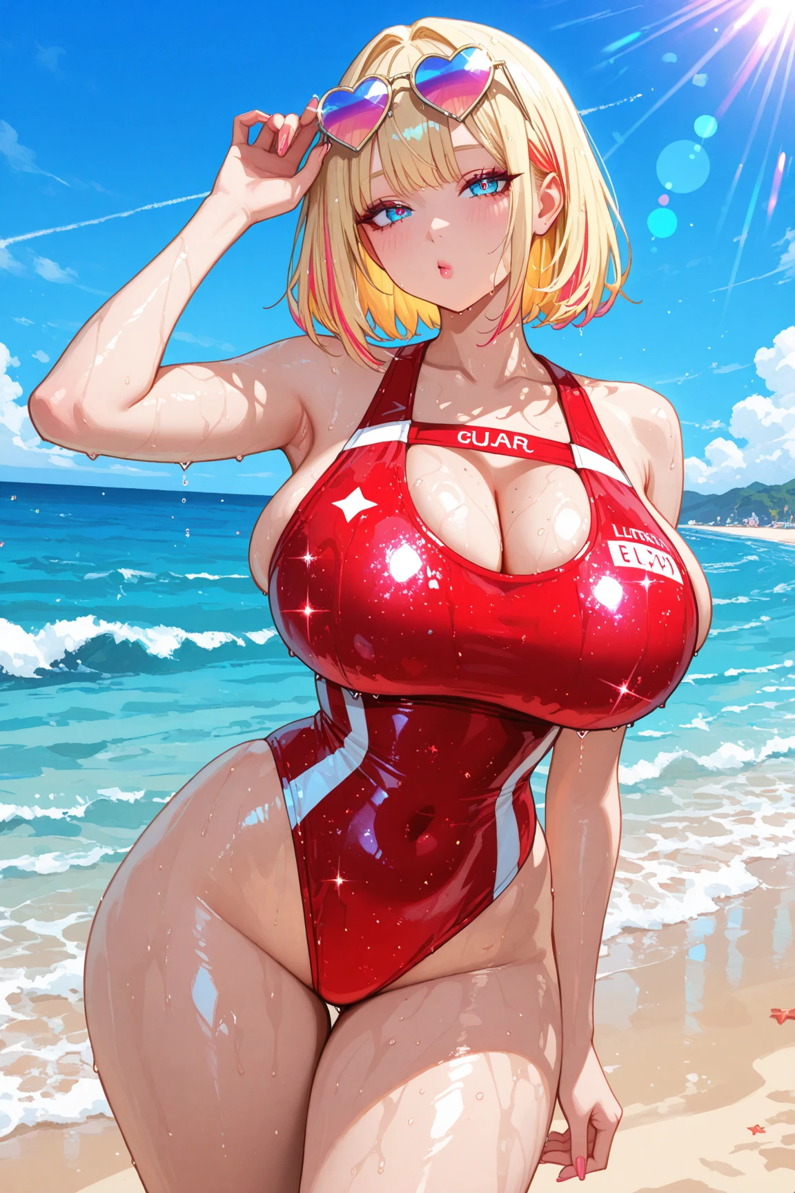 score_9,score_8_up,score_7_up,score_6_up ,source_overwatch score_9, score_8_up, score_7_up, 1woman, solo, mercy \(overwatch\), high quality, at the beach, completely wet, wet hair