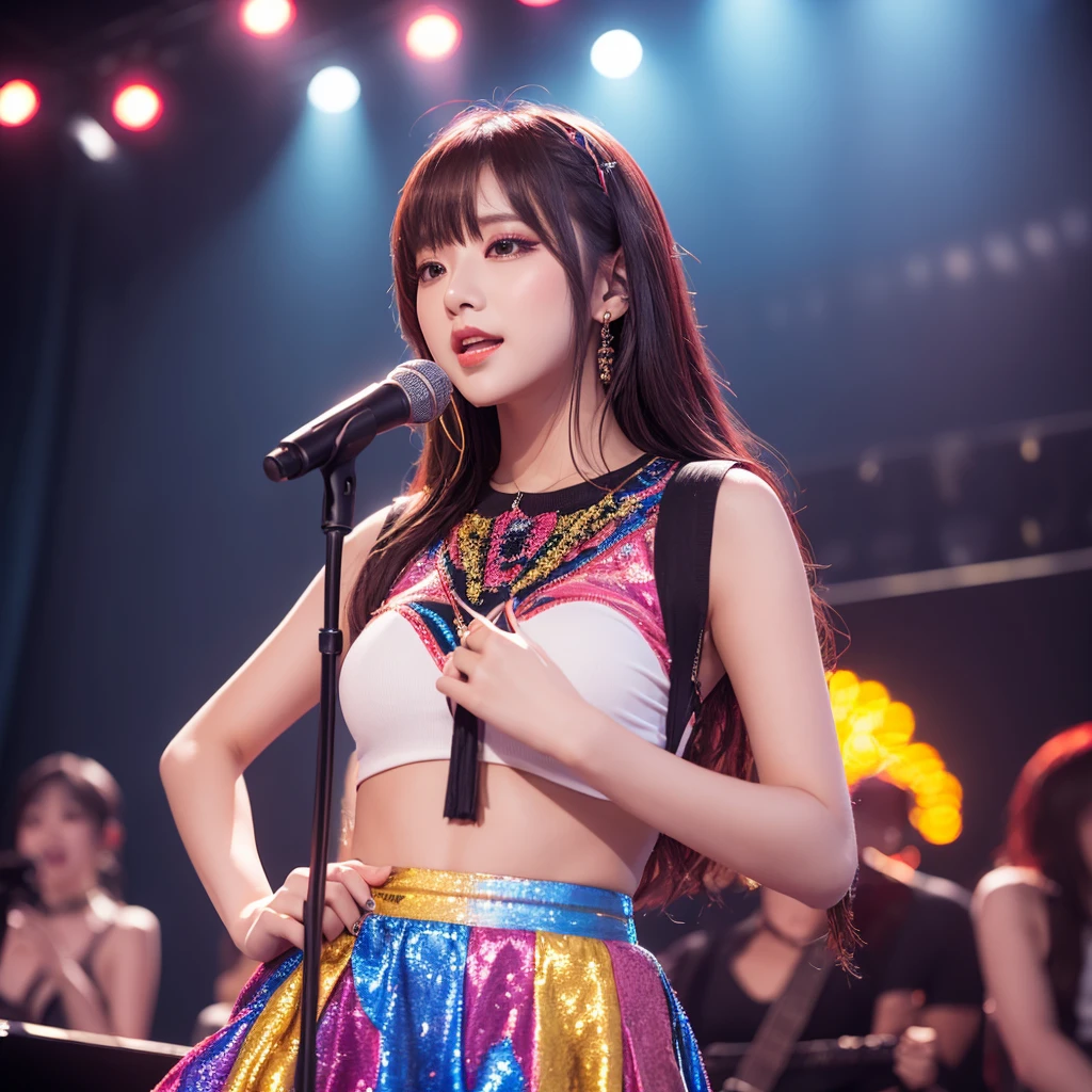 realistic, realistic, masterpiece, highest quality, one girl, alone, in stage, Stage lighting, Stage Spotlight, look at the audience, smile, Idol_sing_costume, (face to face with the children_v1:0.8),韓国のIdol,Nogizaka idol,actress,Idol彫刻