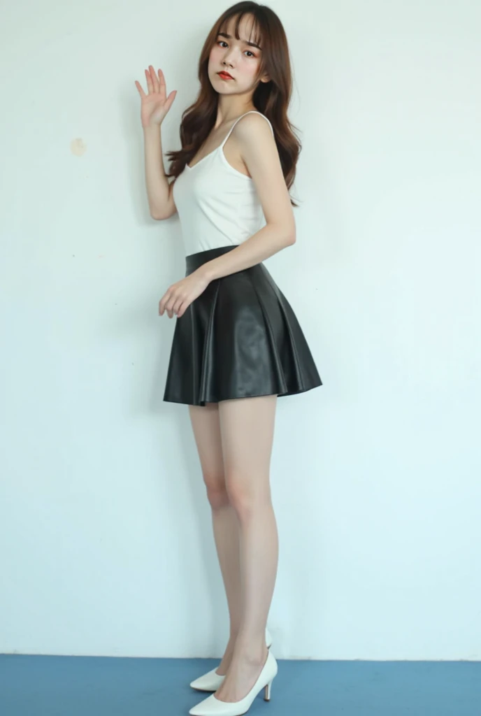 ((midnight, Need, 8K, tmasterpiece:1.3)), A whole body, Full body like，thin very long legs, Focalors:1.2, Golden body，standing on your feet，full bodyesbian，Waist leg chest，Hold your chest tall，perfect figure beautiful woman:1.4,((Dark brown hair, huge tit:1.2 )), (low chest, deep v big breasts，blackstockings，Gray pleated skirt，short  skirt，White canvas shoes), ((Solid yellow background))，Highly detailed facial and skin texture, A detailed eye, 二重まぶた，largeeyes，eye shadows，crisp breasts，Bigger breasts, Wavy hair，crisp breasts，Get wet，Sweat profusely，Red lips，Hot dance，Large bust，huge tit，wearing a choker，Wear earrings，Noble beauty，Long legs，legs long，slenderlegs
