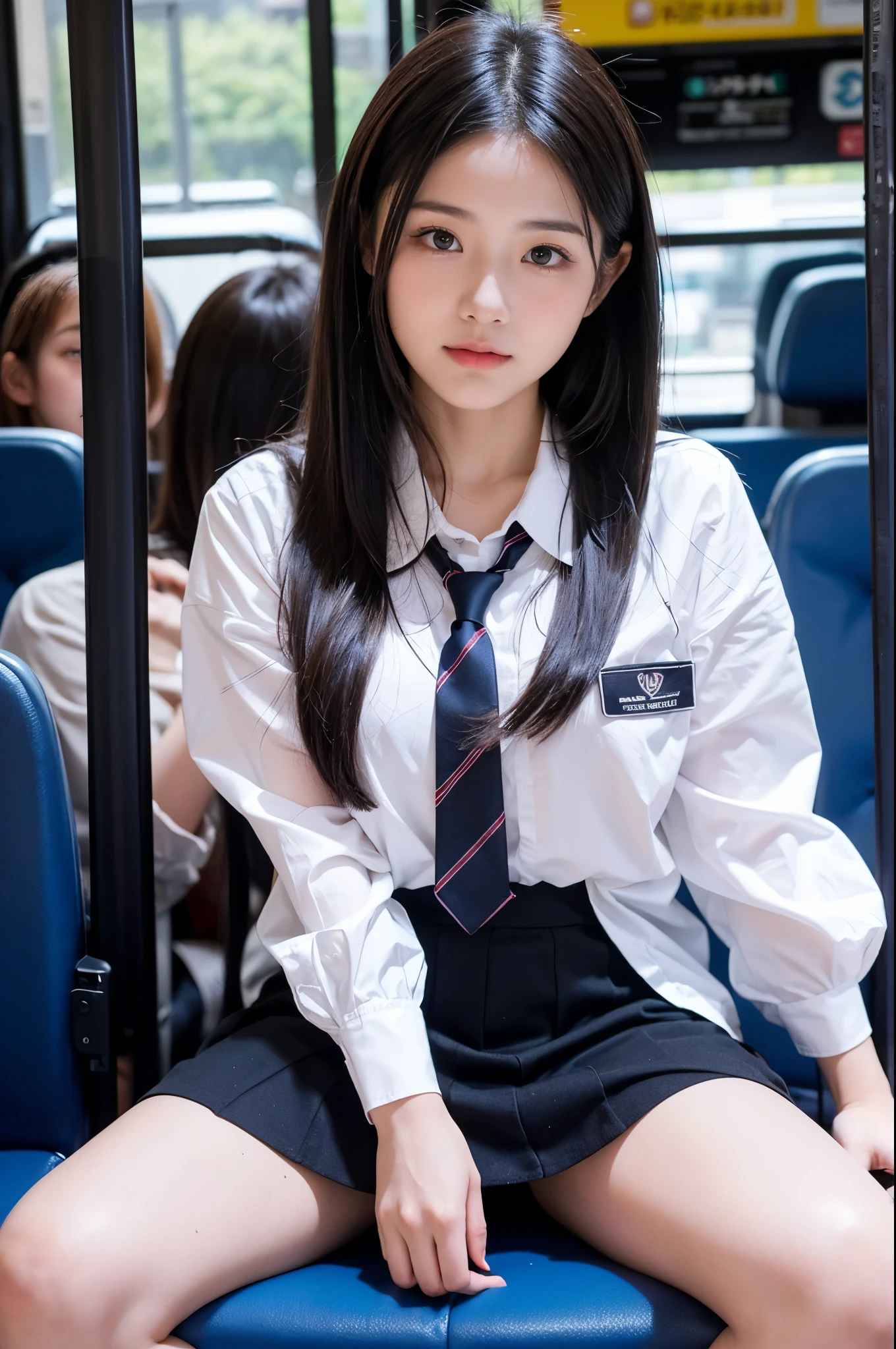 (masterpiece, highest quality:1.2), 8K, 15 years, 85mm, official art, RAW photo, スーパースリムなスレンダーbeautiful girl, white dress shirt, cute face, close, Half body, Biolace, gardenia, beautiful girl, school uniform, (navy pleated skirt:1.1), cinch waist, thighs, short sleeve, Inside the train, Sit on a bench seat, looking at the viewer, no makeup, (smile:0.4), film grain, chromatic aberration, sharp focus, face light, clear lighting, Ten generations, detailed face, background bokeh, (Dark red tie:1.1)、((((((two girls))))))、((((((2high school girl)))))