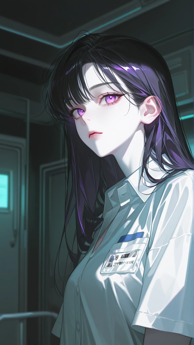 8K, solo, 혼자 있는 female, High Quality, female, very dark black hair, Long, black, straight cut hair falling below the waist. pure white skin, with bright purple eyes. Sharp Eyes의 길고 짙은 속눈썹. beautiful appearance and glamorous body. Cool personality. beautiful beauty. Cherry-like lips . Soft atmosphere. Sharp Eyes. Clean appearance. staring expression. wearing white lab clothes. Healthy beauties, Height 171 cm . dilapidated, recent , dark background, hospital room, looked at the screen, face close-up, 아리따운 female. She was a female soldier and was hospitalized..