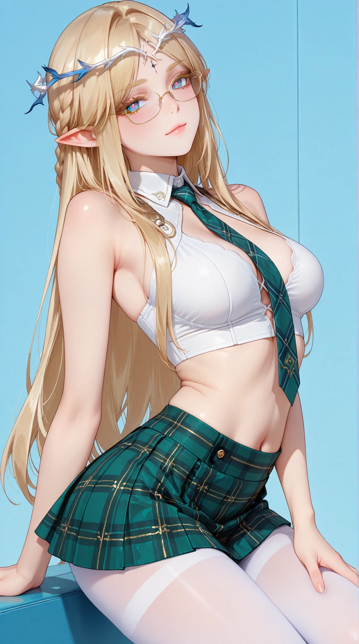 blonde hair, long hair, green eyes, happy, school uniform, short skirt, medium breast, cleavage, classroom, slim legs, navel, open clothes, sitting