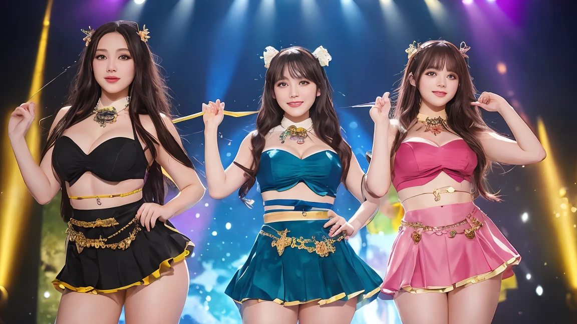 3 member girl band、pop light music band、超A high resolution、An ultra-high picture quality、8K、Wonderful expression with attention to detail、All have long brown curly hair、Cute stage costumes in pastel colors、Performance scene at the outdoor music hall