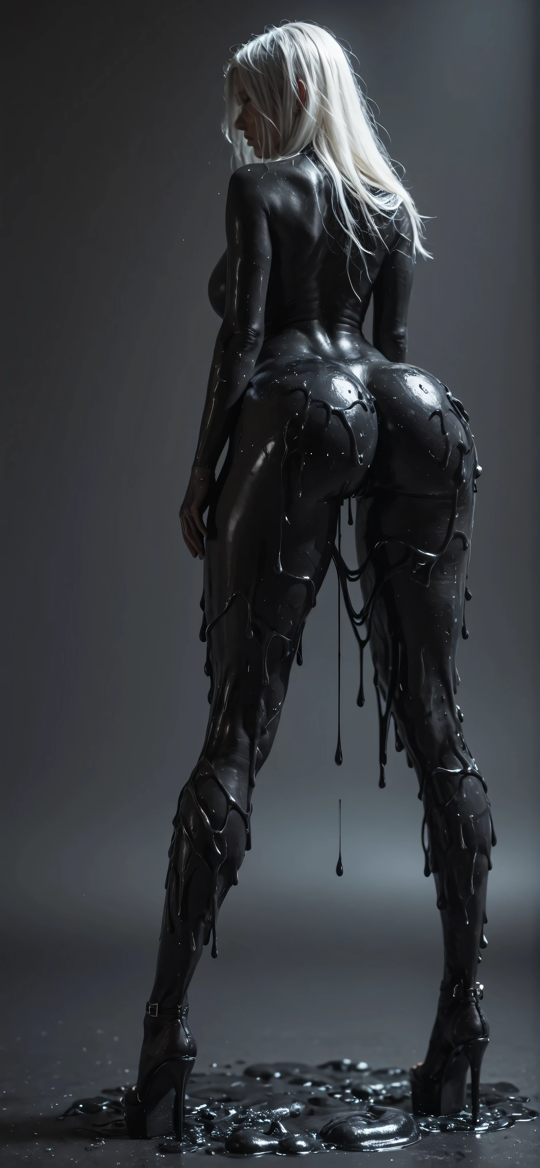 Last girl standing in end of the world, ((white hair)), huge perfect breast, black slime, black outfit, (((full body portrait))), ass on focus, ((detailed hot legs and ass)), (((black slime))), from back and below , hot pic, ((wearing only a black slime, and platform high heels)), (black slime), more black slime, black slime splatted , (((sexy model pose))), open legs, hot ass, ((ass push up to camera))