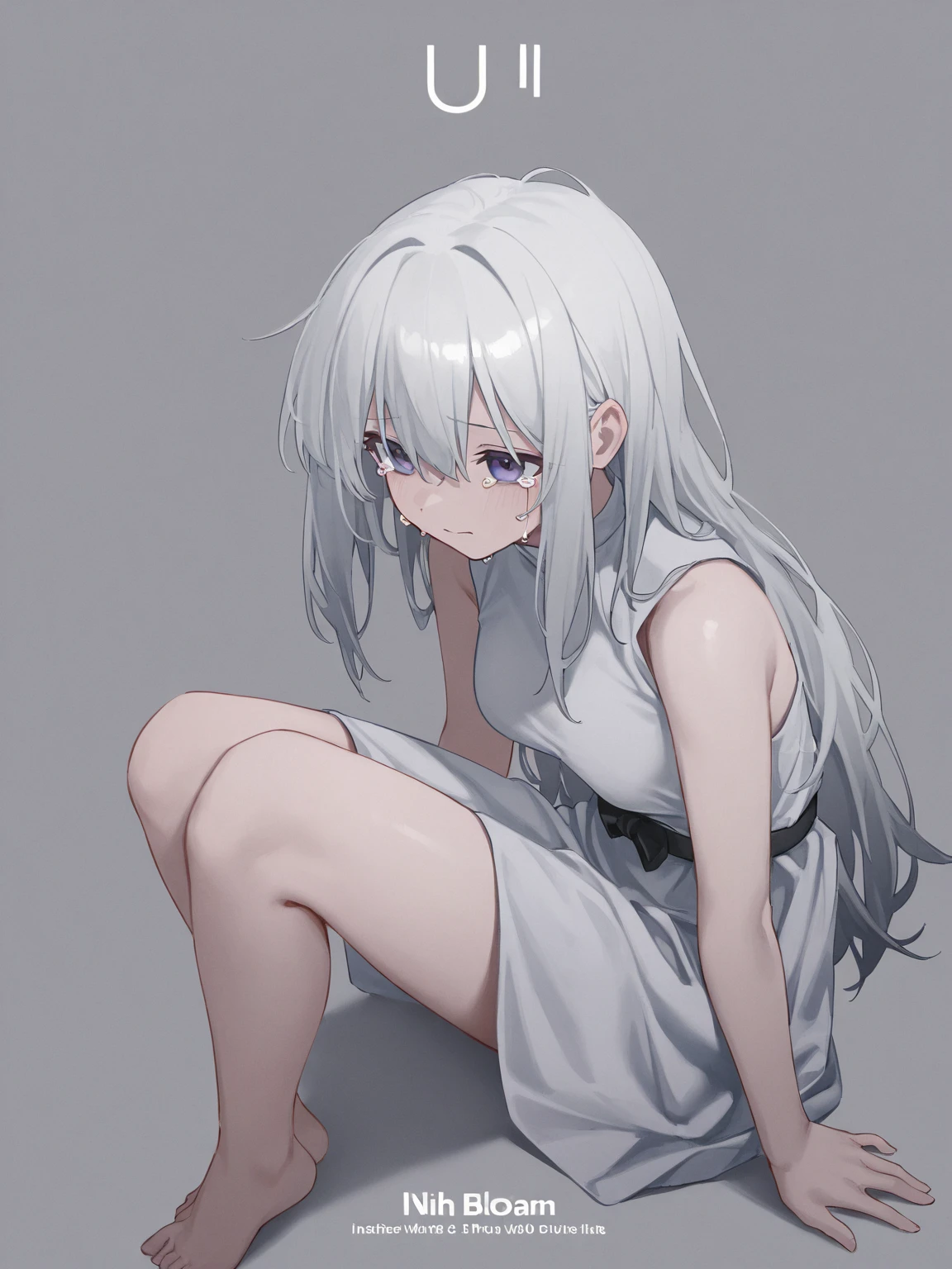 White-haired girl,Sit on the floor,Legs arched,Head on knees