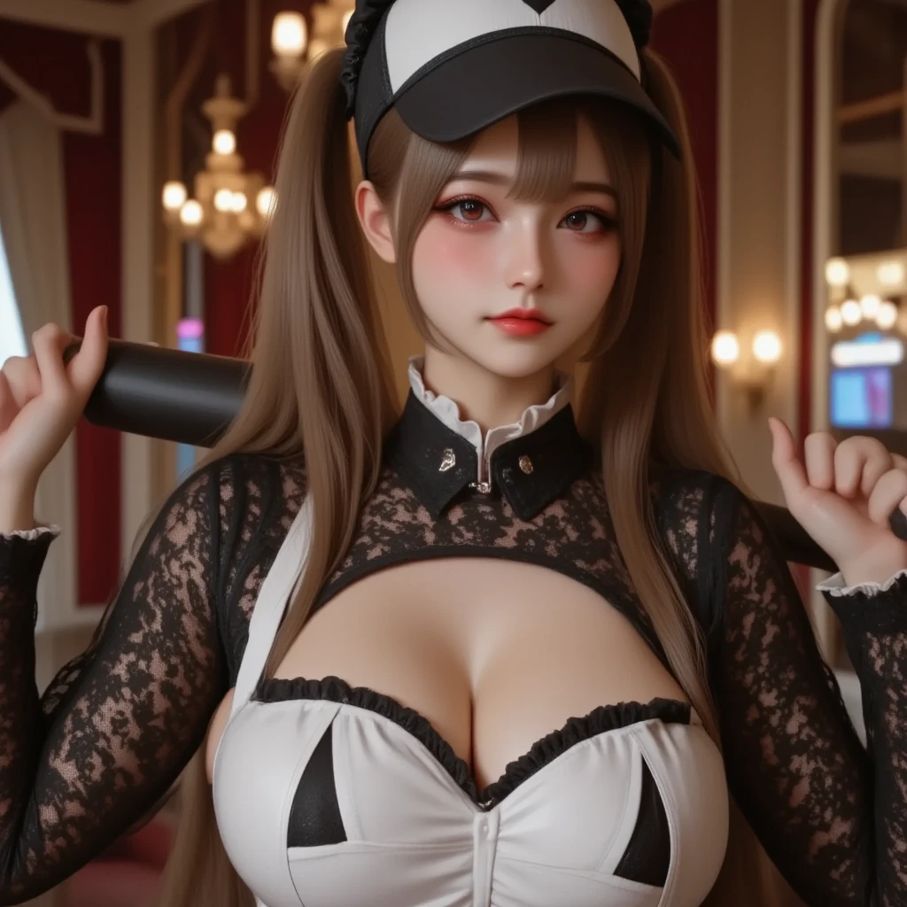 girl with big breastes in uniform posing for camera, fluffy chest, big breasts!, oppai, with a large breasts, big breasts!!, from girls frontline, seductive  girl, shalltear from overlord, breasts covered and sfw, with large breasts, fur covering her chest, fine details. girls frontline, sie boob, cleavage