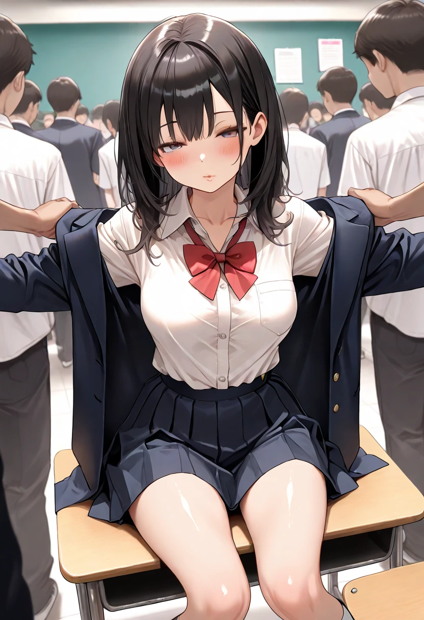 (Highest quality, 8k, masterpiece:1.3, 1 person, beautiful girl), cute, dynamism, Detailed face, Detailed skin, Detailed eyes, Detailed lips, Detailed fingers, Mouth Details, Realistic, RAW Photos, High resolution, Natural light, Dynamic pose, Perfect Anatomy, Toned Legs, Round eyes, double eyelid, puppet, Moisturized lips, Wet clothes, Squat with your legs apart, Sweaty, (Pee), Drooling, Half closed eyes, ((The men are grabbing her breasts., Multiple hands)), The men are grabbing her thighs., Man is touching her crotch, crowd, Excited Men, Sailor suit, White button-up shirt, Pleated skirt, (Ahegao:1.5), Camel Toe, vapor:1.5, Ecstatic face, Sticking out tongue, Skirt Lift, In a crowded subway, When it enters the sheath, Knee socks, Lace panties, Cowboy Shot, Nipple Shape, (vibrator in Knee socks), Wavy Ponytail, night, Please raise your hand