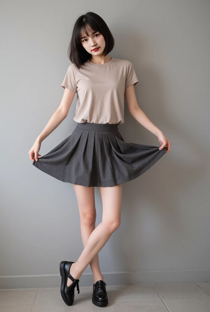 self confident young woman with short blond hair with grey skirt is cute