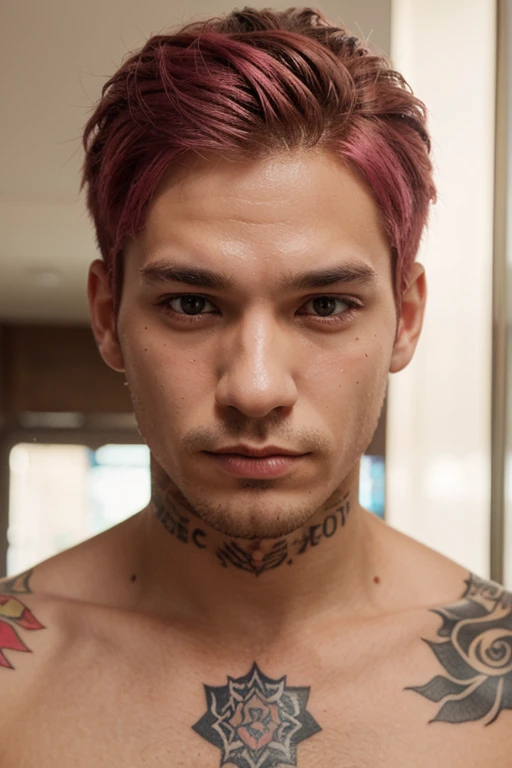 Men, six pack, pink short hair, winter, portrait