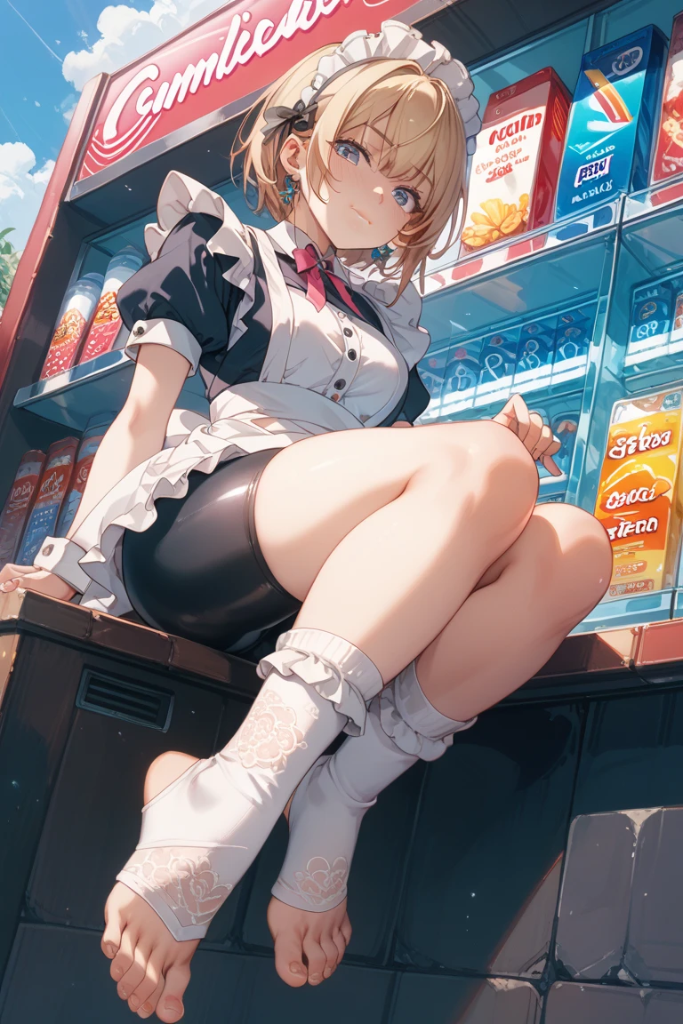 (perky chest:1.2), (pointed chest:1.2),(icecream magazine cover:1.3),(from below:1.2),(shoot from the side:1.1),(((Black Tunic:1.3))),(((cakes and bread in the basket),a 23yo Cute and beautiful girl,masterpiece、highest quality、Very detailed、Beautiful fine details、Detailed landscape、Braided Ponytail、Red camisole、((B cup breasts, Tank top showing underboob:1.0)), thigh strap, bangs, necktie, earrings, nail polish, fishnet pantyhose, silver hair, looking at viewer, full body, bottle, own hands together, belt, food, ring, choker, english text paper:1.2, collared shirt, blue eyes, hat,lace-up boots ,