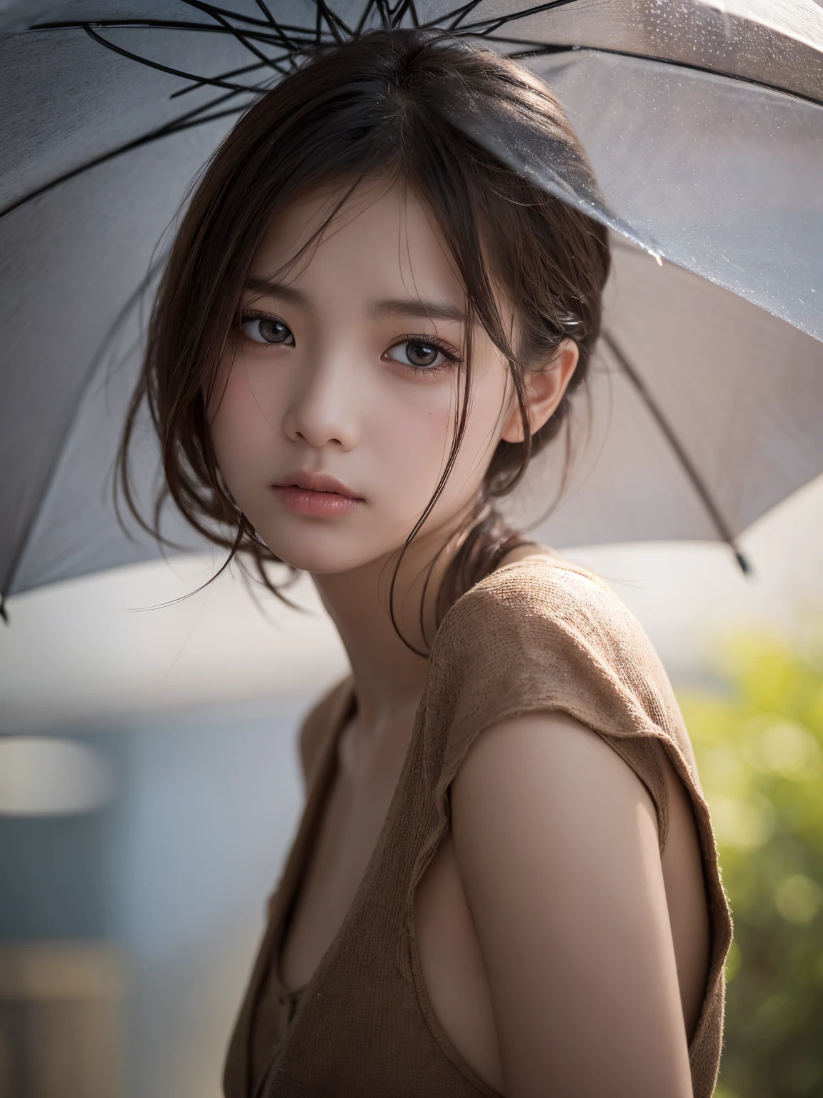Best quality, 4k, Masterpiece :1.3), pretty woman, 1girl, sexy :1.1, dark brown hair: 1.1, (rainy wet, wet from rain, wet body :1.2), white tank tops, ultra-detailed face, detailed lips, detailed eyes, double eyelid