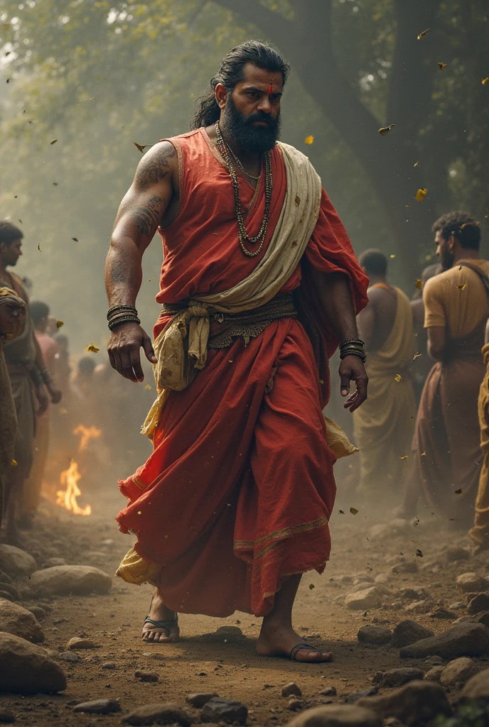 A 33 years male, medium physique,but have good biceps, 6 feet 3 inches tall, dark or tan skinned, west bengalian indian man of 1203 AD. Wear traditional garments like olive green or brown dhoti, but upper body is uncovered. Look like an antagonist, massy brown hair, alcoholic eyes..