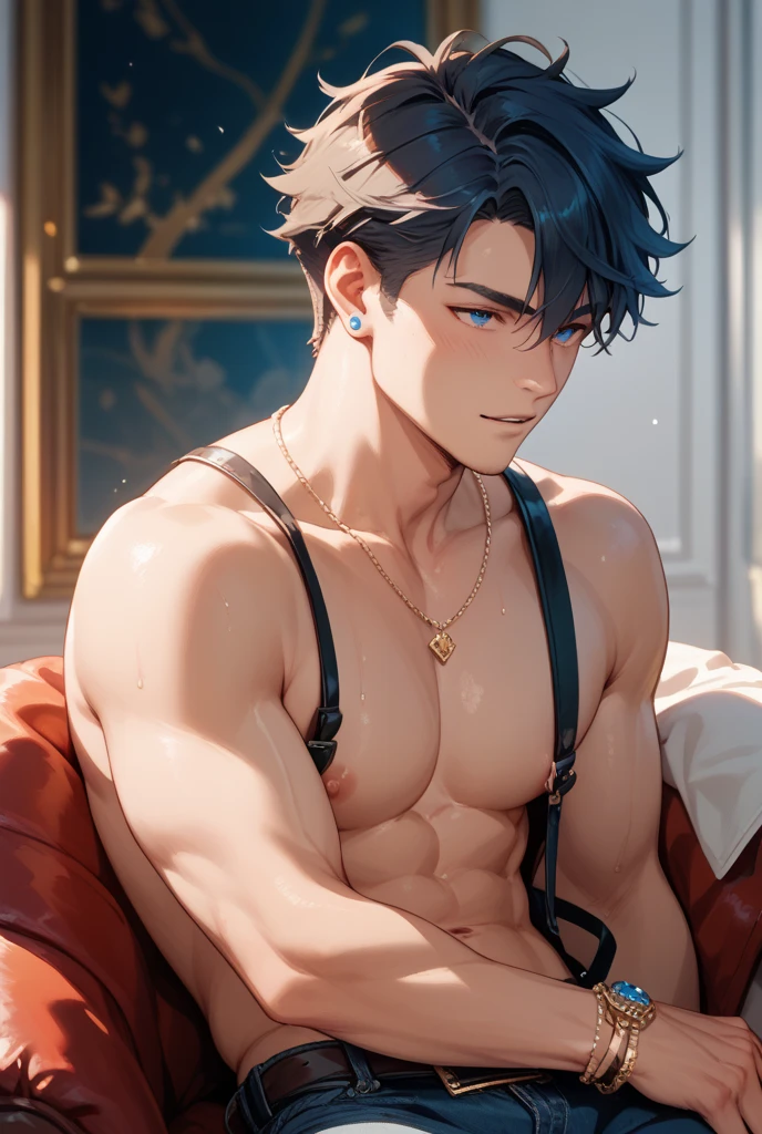 (masterpiece,best quality,ultra_detailed,highres,absurdres),1 mature male, 30-ish, (wide shoulder), ((no chest hair)), male focus, solo, short black Quiff hair with Soft Fringe (bangs part on side 3:7 ratio), simple background, blue eyes, upper body, short hair, looking at viewer, parted lips, round eyewear, wet hair, shirtless, wearing thing, muscular and slim, with earrings and necklace, with sunglasses, bedroom background. Sexy, mature sex. Wearing shoes