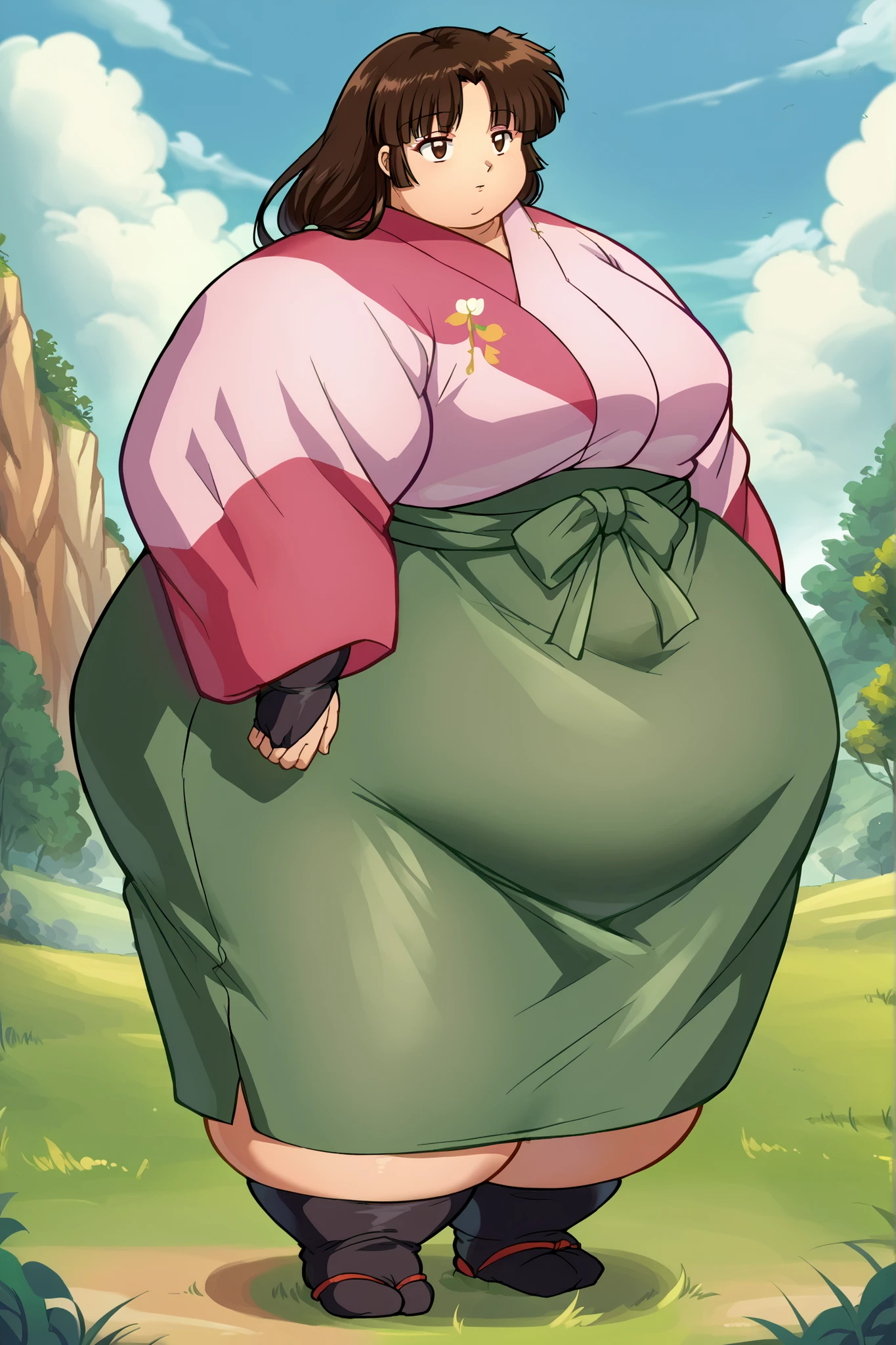 anime screencap, score_9, score_8_up, score_7_up, source_anime BREAK sango, 1girl, solo, brown hair, parted bangs, low-tied long hair, brown eyes, outdoors, grass, day, pink kimono, green long skirt, black bridal gauntlets looking at viewer, large breasts, looking at viewer, fat, chubby, obese, gigantic arms and legs, gigantic arms and legs, outside, morbidly obese, blob, blank expression, tight_clothes,tight,(skindentation), empty eyes, half-closed eyes, Hugging self, growing fatter, growing bigger, back fat, fat back