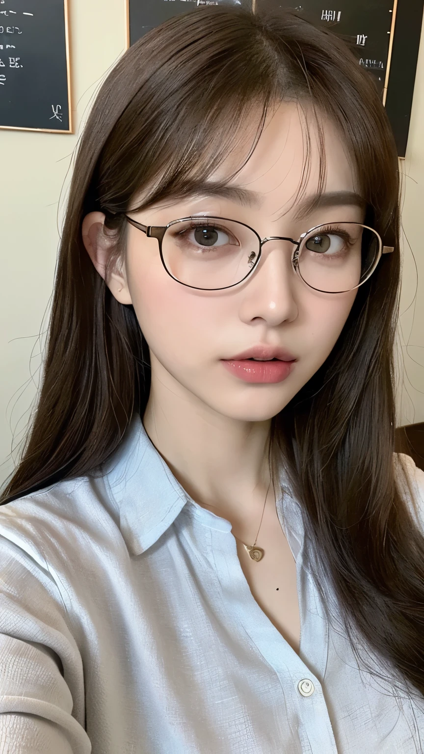 leaning、top-quality、超A high resolution、detaileds、​masterpiece、in 8K、Raw photo、lovey-dovey、Wooden apartment、sleepy、aunty、Shameless、cleavage of the breast、Mole、eye glass、Sweaters、happily face、the kiss