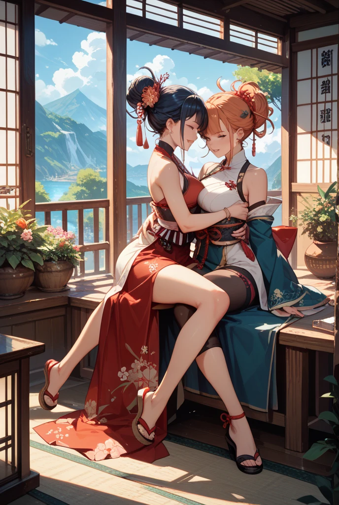 ((depic young girll)), (((top-quality, masterpiece))), 4k, HD, ((((one girl))), long hair, ((red hair)), straight hair, ((poney tail)), nice hips, Masterpiece, Excellent, complex details, delicate girl, delicate face, sassy, confident, white ribbons, brown eyes, clavicle, (((cute  white lace lingerie))), (((sofisticate red lace lingerie))), ((((topless)))), ((big breasts)), bare arms, bandage on arms, flat belly, (red kimono), (((kneeling))), sexy pose, Japanese garden, atmosphere of feudal Japan