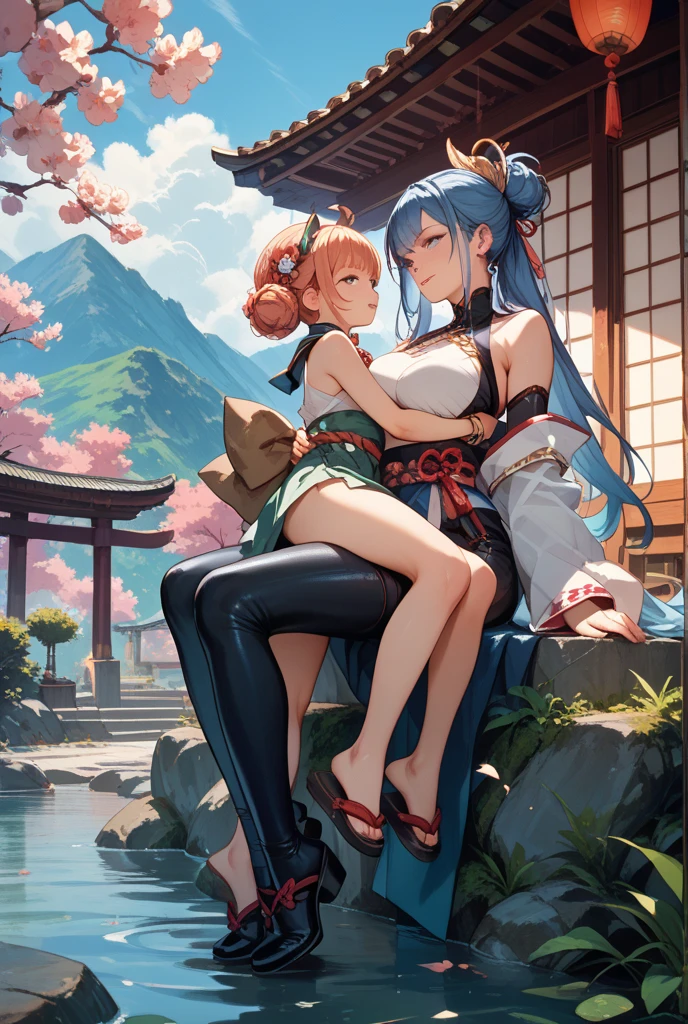 (2 Girls 1.4), (1st party using LoRa1 Raiden Shogun Genshin), (2nd party using LoRa2 Yae Miko Genshin Impact |)Two women were sitting on the floor and one was holding a knife in hand......., One woman carries another woman......., Sit with your wrists together......., Two beautiful girls in love, Two women......., Lesbian Art, Homosexual girl groups, Handshake, vector art illustration, flat illustration, Flat shading illustration, Lie down with your wrists together......., two girls, lesbian, Embrace Lesbians,(2:Girls together........), (NSTDA.:1.2), (10, beste-Qualit, master-piece: 1.4), ultra-high resolution, (lifelike, photorealistic portrait: 1.48), 20 age, Cute Girl, (See through the bikini beetle), Famous Japanese actors, beautiful clear eyes, G Cup Big Breasts, Head tilt., cowboy shot, from the side, looking at the audience, expressionless, Beautiful lake, Zeiss 150mm F/ 2.8 Hasselblad, Around the lake there are high mountains surrounded by striped mountains.........., Whole body, foot, Ultra-Wide Angle, The backyard is a beautiful sea............................................................ ,