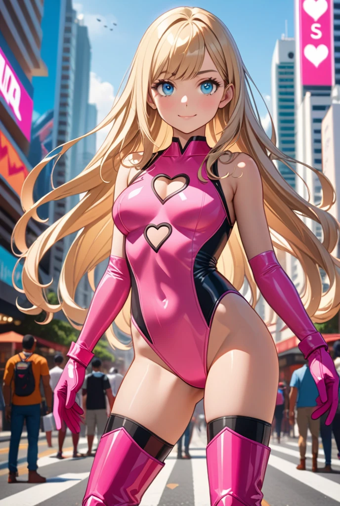 masterpiece, best quality, highres, 1girl, solo, superhero, leotard, bare legs, matching boots, sleeveless, looking at viewer, perfect hands, perfect eyes, perfect leotard, perfect legs, perfect arms, perfect fingers, medium breasts, (pink leotard(, standing, (blonde hair), long hair, knee boots, blue eyes, (heart cutout, cleavage cutout), cute face, hair down, bangs, sleeveless, pink gloves, pink footwear, smile, full body with costume, Simple background, Multiple Views, Character Sheet Full-Length.