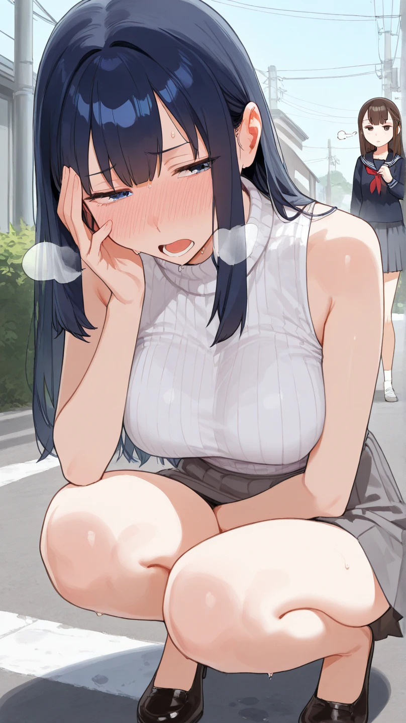 blue eyes, wearing long plain white shirt, high res, ultrasharp, masterpiece, wet shirt, black short hair, pussy, crowd not notice, mysterious smile, secretly having sex in front of others, ripped skirt, tiny girl