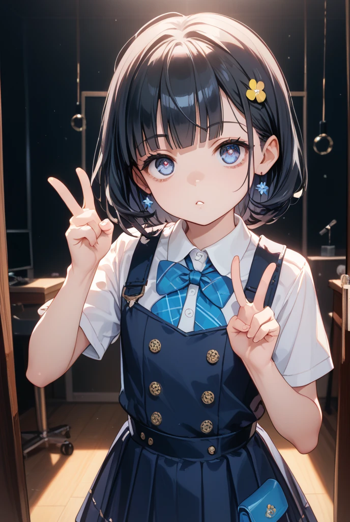 Blue-gold bangs，With a ponytail，With pigtails，The body is petite and tender，Very loli，Only very small，Black round glasses，Thick frame，Red rope pendant，Light yellow and blue children's clothing